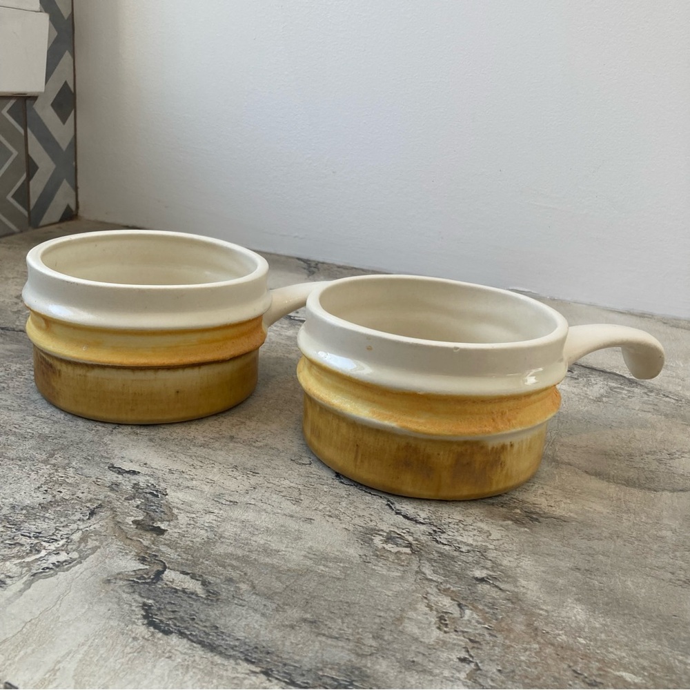 Ceramic Two-Tone Yellow Onion Soup Bowls Handles Canada 2003 Warm Decor Set of 2